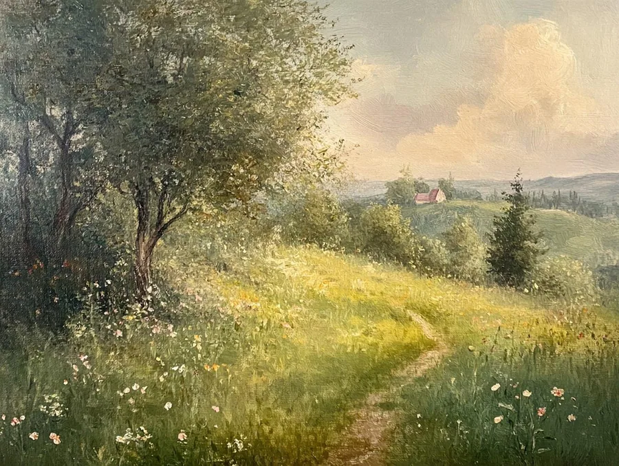 Oil painting of a winding path through a wildflower meadow with large trees and distant villa in rolling Tuscan hills