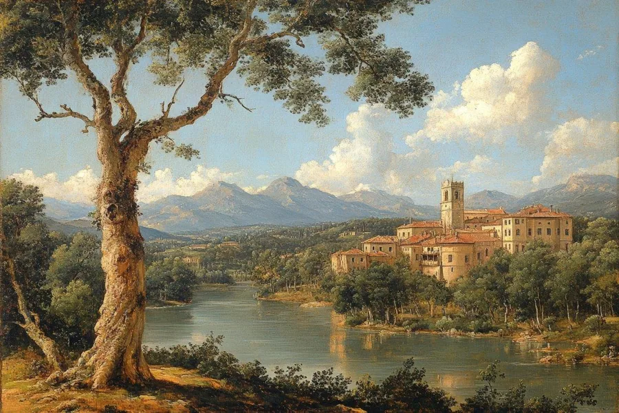 Classical landscape painting of a gnarled tree overlooking an Italian villa by a river with mountains in the distance