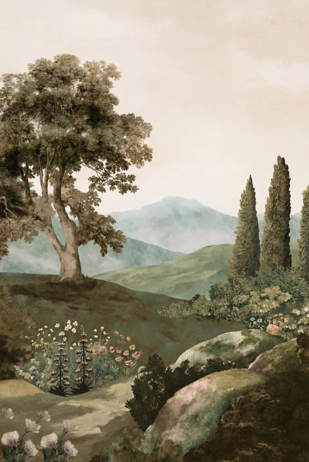 Pastoral landscape with gnarled olive tree, cypress trees, wildflowers, misty mountain, and scattered boulders.