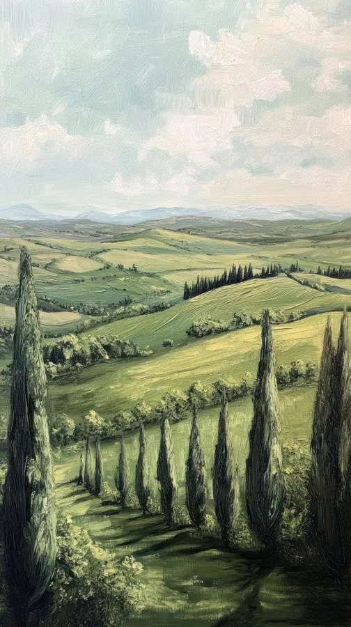 Scenic Tuscan hillside with tall cypress trees, golden fields, and distant mountains under cloudy sky