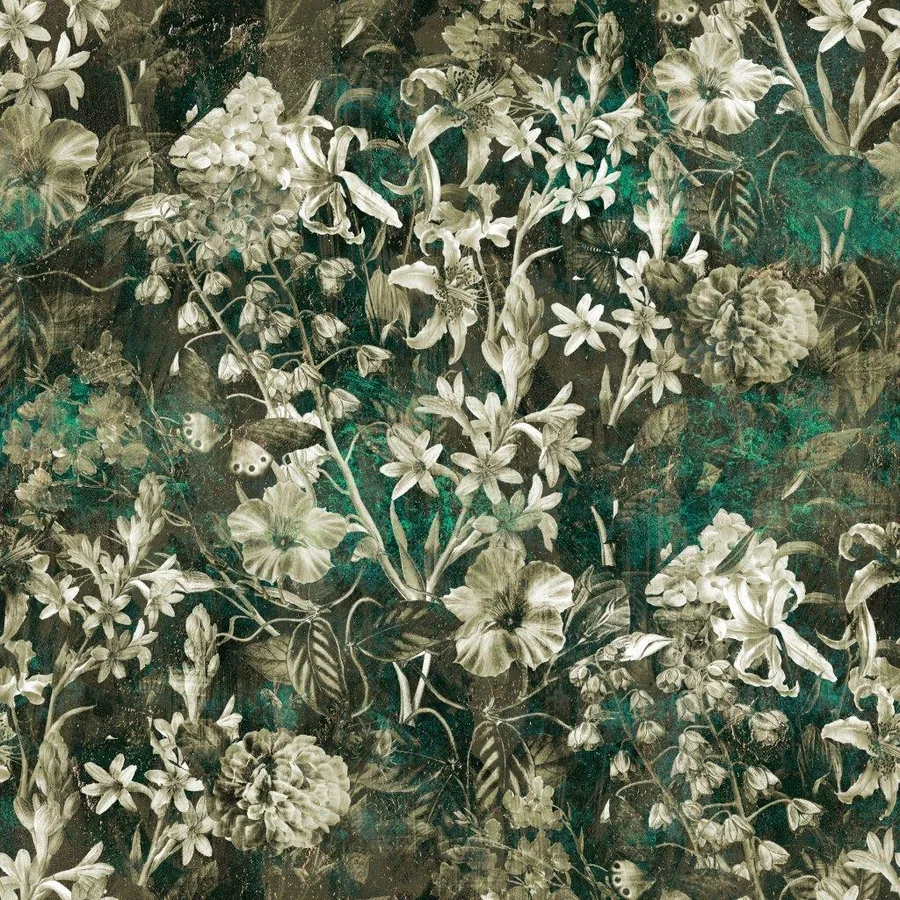 Vintage botanical wallpaper with white flowers and green foliage on dark teal background