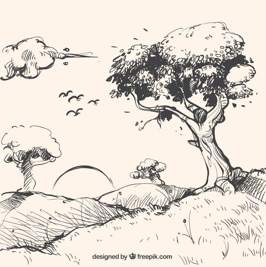 Black ink sketch of windswept trees and rolling landscape with flying birds on cream background