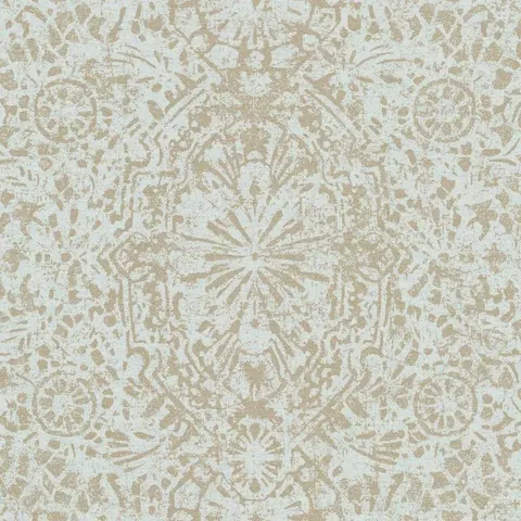 Beige and cream distressed damask pattern with ornate geometric motifs and textured finish