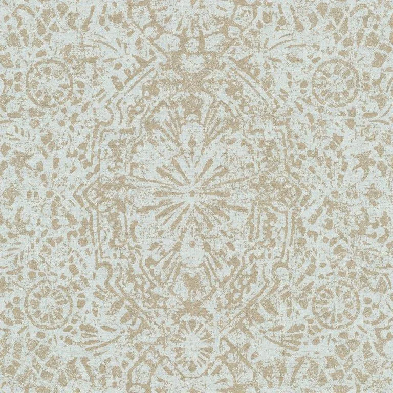 Beige and cream distressed damask pattern with ornate geometric motifs and textured finish