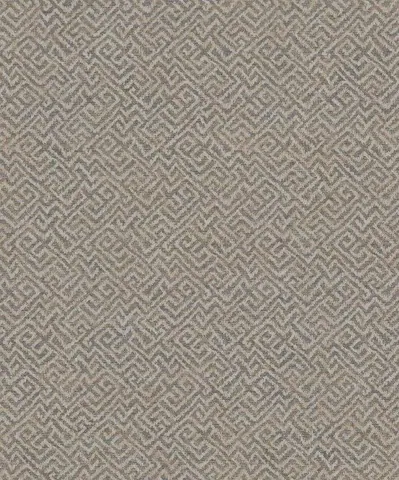 Repeating geometric maze pattern in beige and grey on neutral linen texture