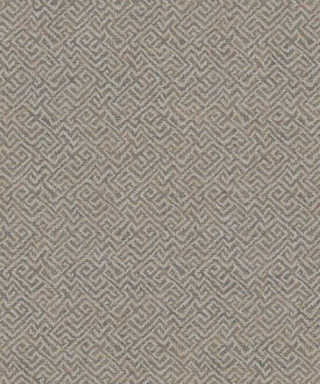 Repeating geometric maze pattern in beige and grey on neutral linen texture