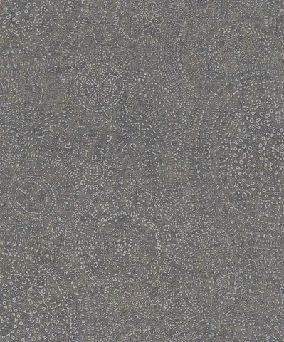 Dense geometric and organic line pattern in taupe and cream with intricate repeating motifs and circular mandala-like designs