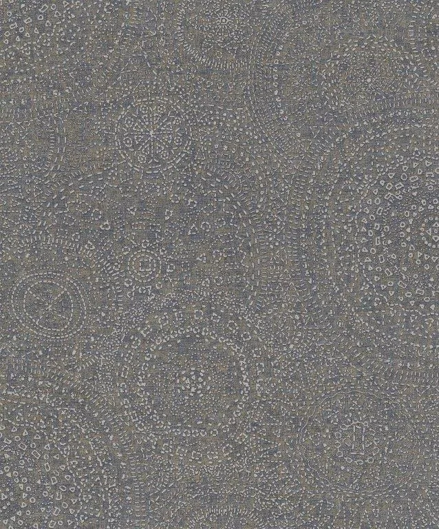 Dense geometric and organic line pattern in taupe and cream with intricate repeating motifs and circular mandala-like designs