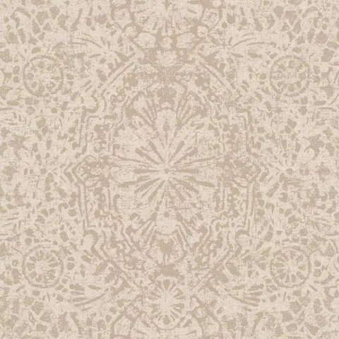 Beige and cream damask wallpaper with symmetrical ornamental patterns and textured linen finish
