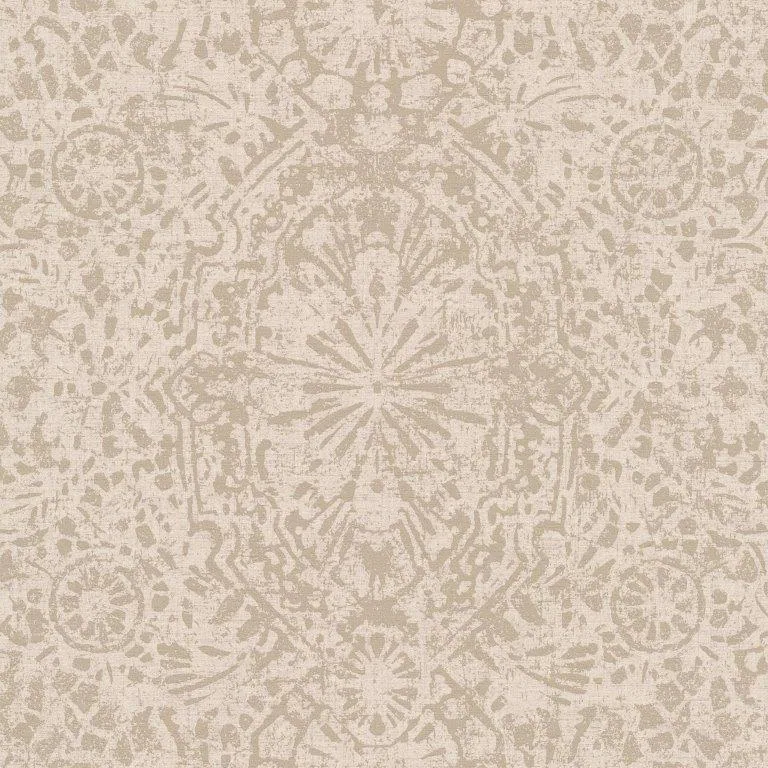 Beige and cream damask wallpaper with symmetrical ornamental patterns and textured linen finish