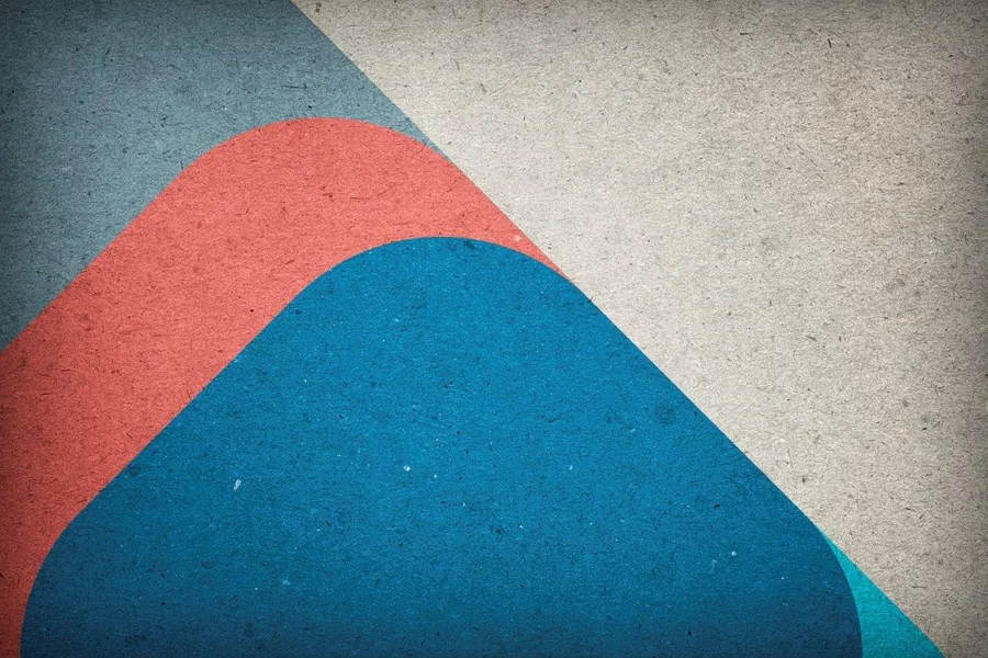 Abstract overlapping waves in red and teal on cream background with mid-century modern aesthetic