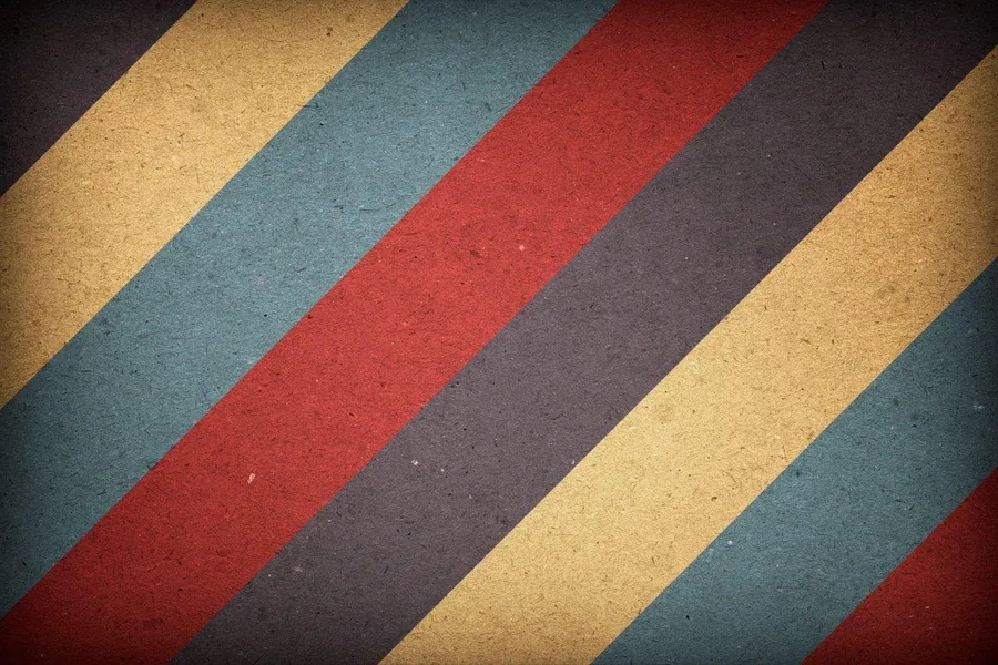Diagonal striped pattern in retro colors: gold, teal, red, and charcoal on textured background.