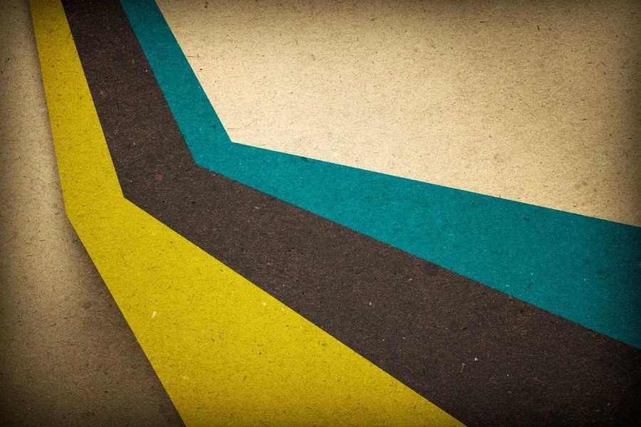 Three diagonal stripes in yellow, dark gray, and teal on a textured beige background