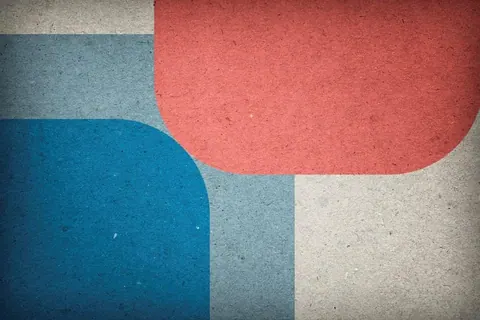 Abstract retro design with rounded geometric blocks in coral red, teal blue, and cream on textured background