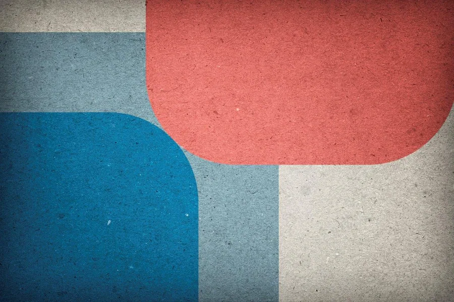 Abstract retro design with rounded geometric blocks in coral red, teal blue, and cream on textured background