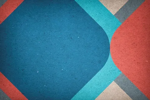Retro geometric design with overlapping circles in teal, coral red, gray, and cream on textured background.
