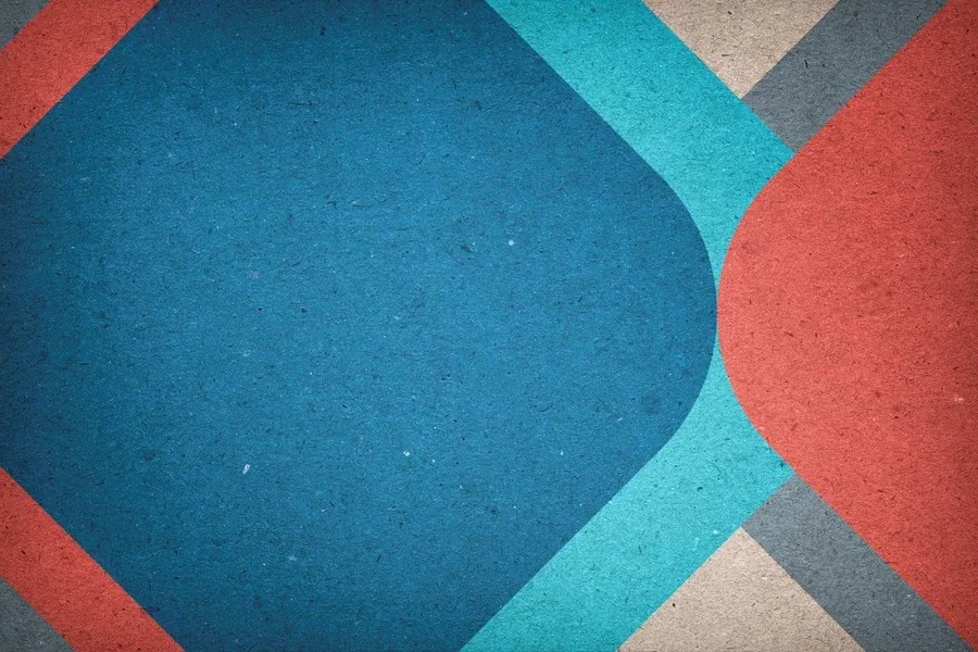 Retro geometric design with overlapping circles in teal, coral red, gray, and cream on textured background.