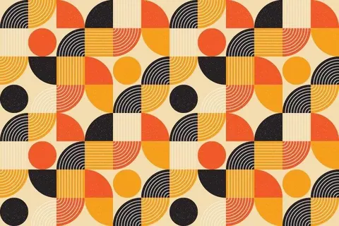 Retro geometric pattern with circles, semicircles, and stripes in orange, black, yellow, and cream.