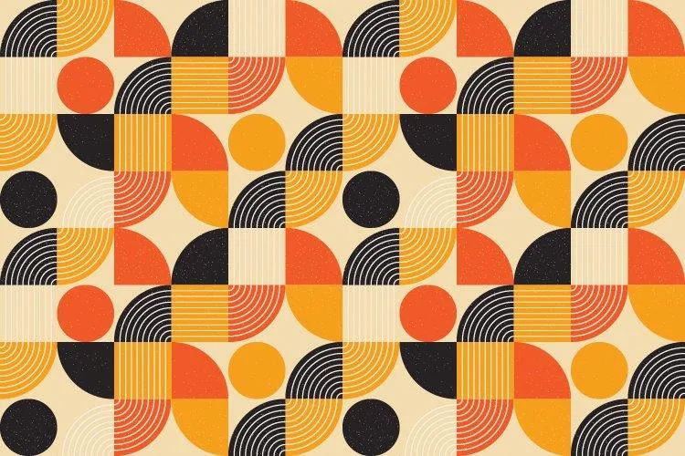 Retro geometric pattern with circles, semicircles, and stripes in orange, black, yellow, and cream.
