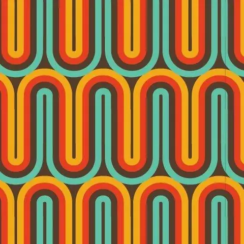 Retro geometric wallpaper with interlocking rounded shapes in orange, red, yellow, and teal stripes