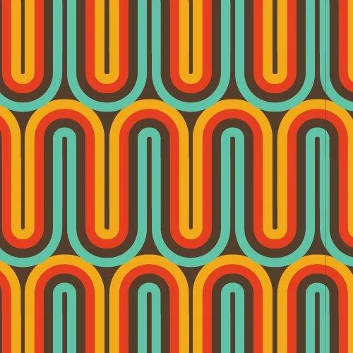 Retro geometric wallpaper with interlocking rounded shapes in orange, red, yellow, and teal stripes