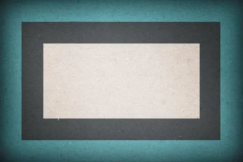 Three concentric rectangular frames in cream, dark grey, and teal-blue layers.