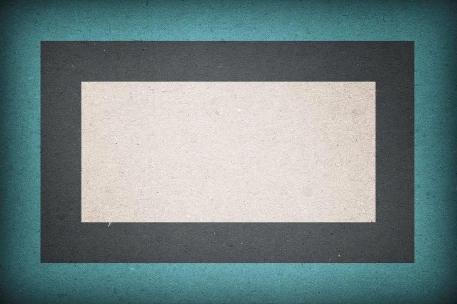 Three concentric rectangular frames in cream, dark grey, and teal-blue layers.