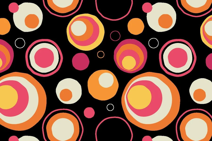 Retro pattern with overlapping concentric circles in pink, orange, yellow and cream on black background