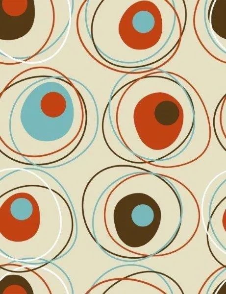 Repeating pattern of overlapping circles with concentric rings in red, blue, brown, and cream with circular centers.