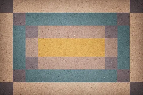 Geometric framing pattern with concentric rectangles in teal, mauve, cream, and yellow on textured background.