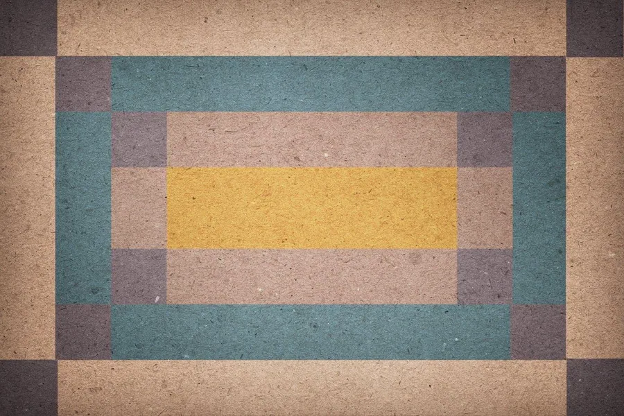 Geometric framing pattern with concentric rectangles in teal, mauve, cream, and yellow on textured background.