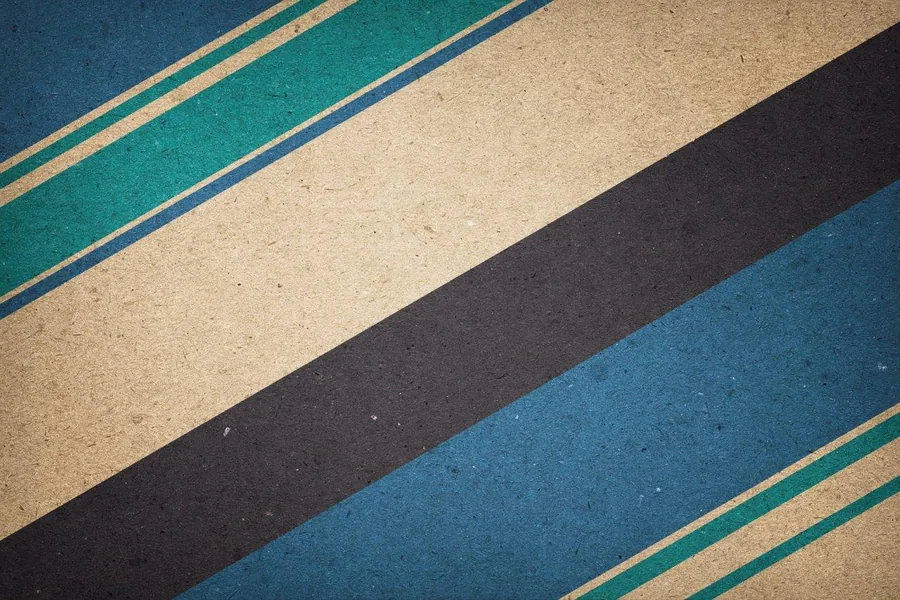 Diagonal striped pattern in teal, cream, black, and navy with gold trim lines on textured background