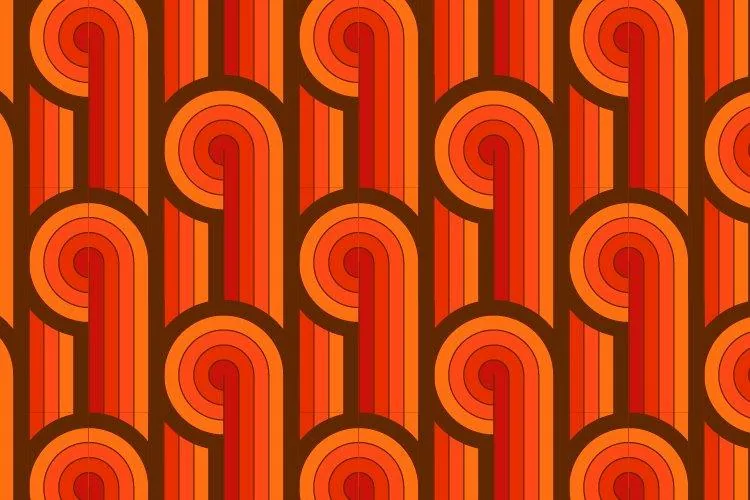 Repeating pattern of concentric orange spirals alternating with vertical red and orange stripes on a brown background.