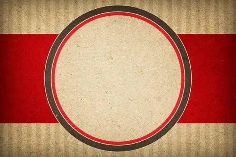 Retro circular frame design with red horizontal stripe and black border on cream textured background