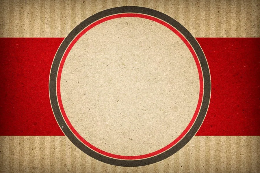 Retro circular frame design with red horizontal stripe and black border on cream textured background