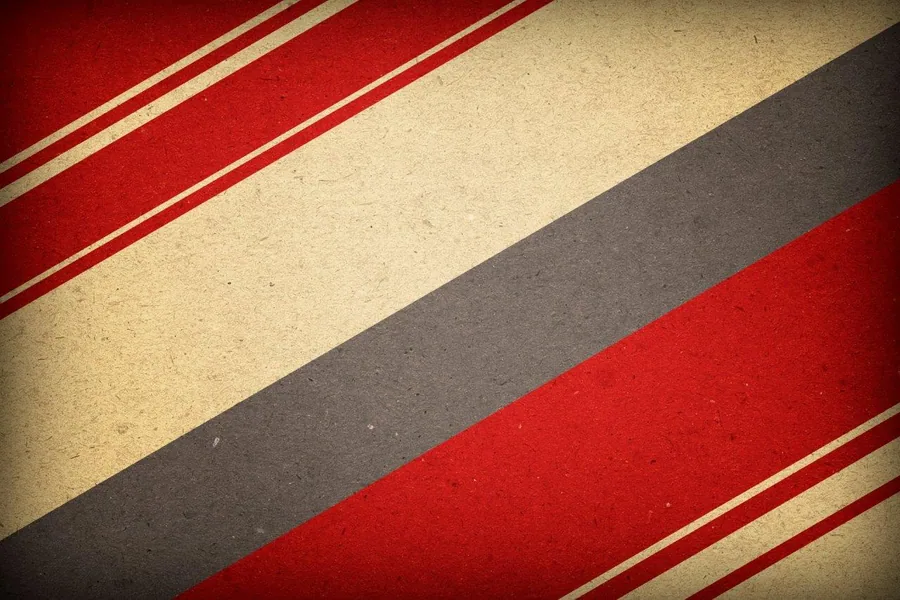 Retro diagonal stripe pattern with red, cream, and charcoal bands separated by gold lines