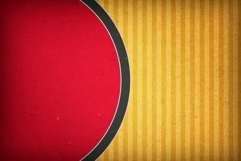 Red acoustic guitar silhouette with black trim on golden vertical striped background