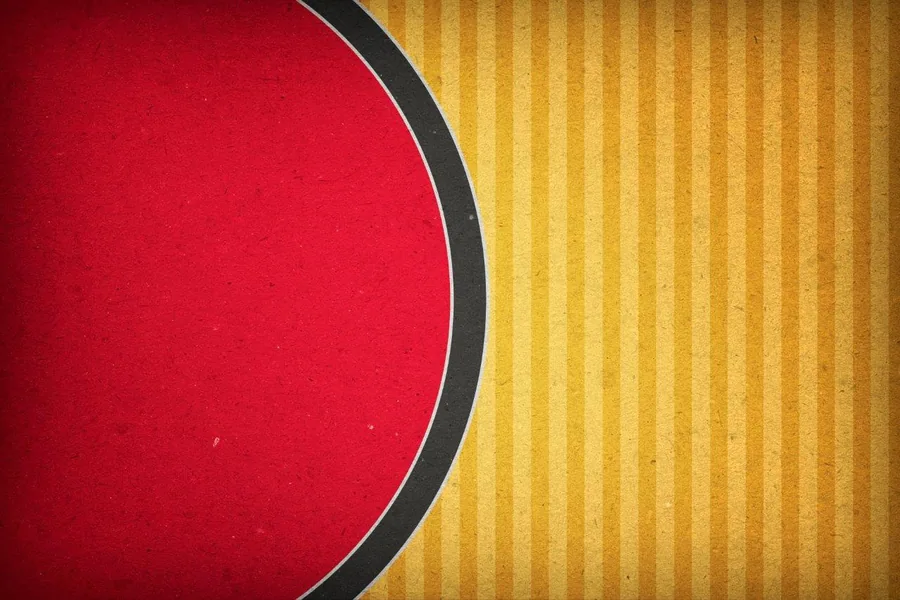 Red acoustic guitar silhouette with black trim on golden vertical striped background