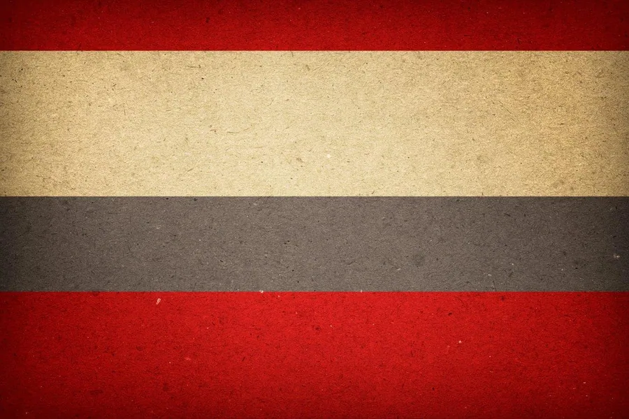 Vintage horizontal striped pattern in red, cream, and charcoal with textured finish.