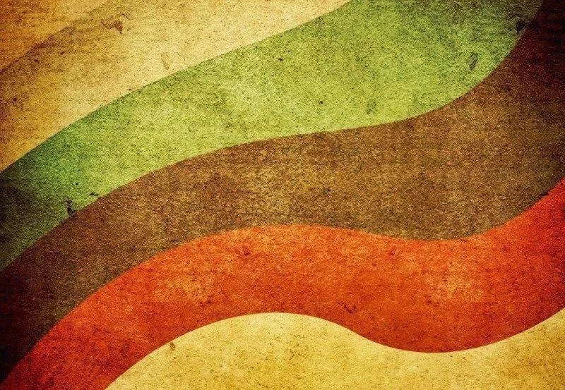 Layered wavy stripes in mustard, olive green, rust orange, and cream with textured vintage finish