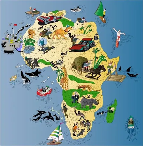 Colorful illustrated map of Africa featuring animals, safari vehicles, boats, and adventurers across sandy and green regions.