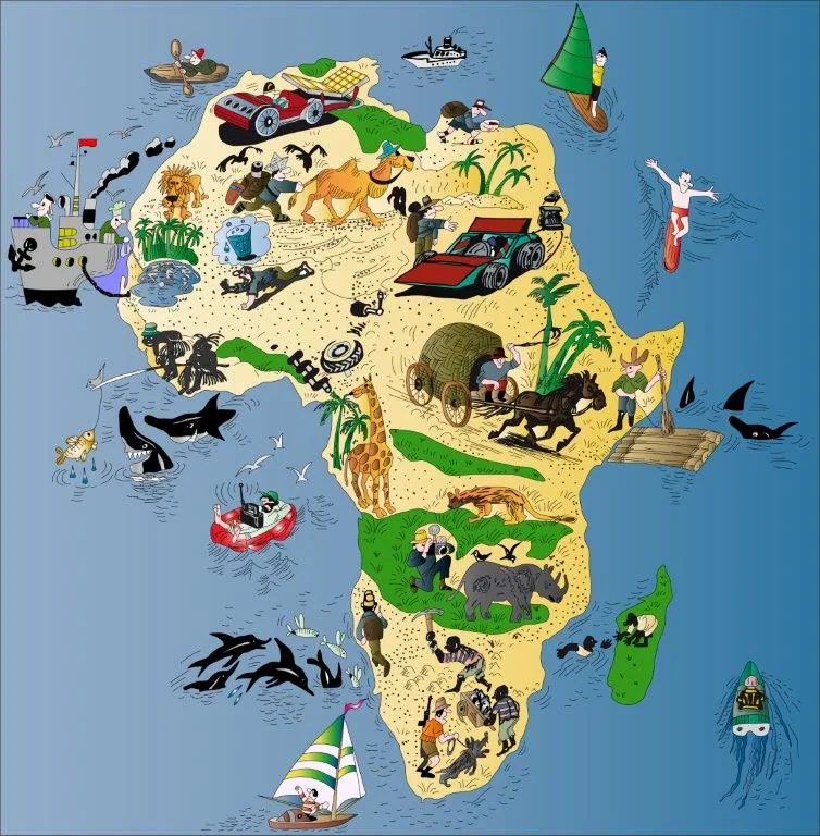 Colorful illustrated map of Africa featuring animals, safari vehicles, boats, and adventurers across sandy and green regions.