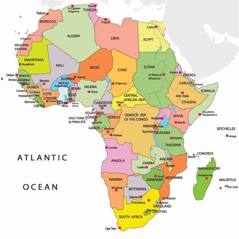 Colorful political map of Africa showing country borders and names with varied pastel and bright colors.