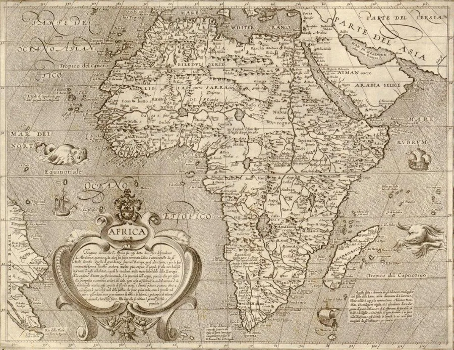 Vintage map of Africa with ornamental cartouche and classical geographical details in sepia tones