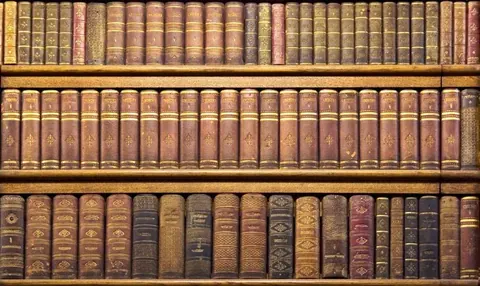 Three shelves of antique leather-bound books with decorative gold spines and ornate bindings in warm earth tones.