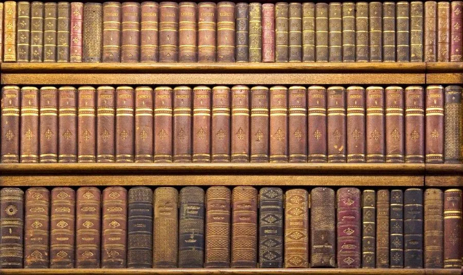 Three shelves of antique leather-bound books with decorative gold spines and ornate bindings in warm earth tones.