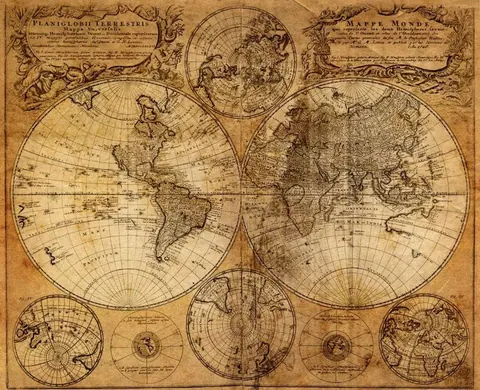 Vintage world map with continents in sepia and cream tones, classical cartography style.