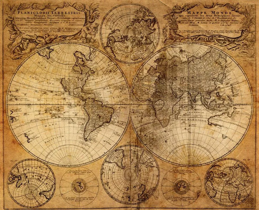 Vintage world map with continents in sepia and cream tones, classical cartography style.