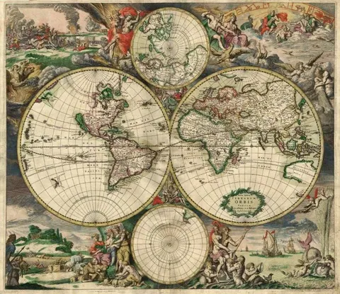 Vintage world map with multiple globes and celestial charts on aged parchment background