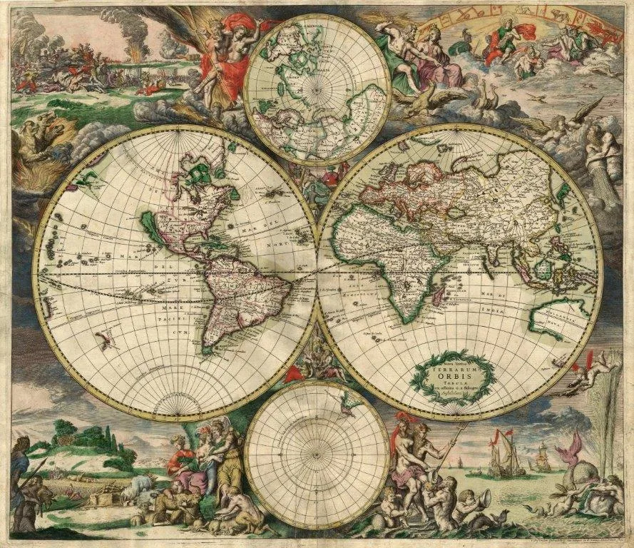 Vintage world map with multiple globes and celestial charts on aged parchment background